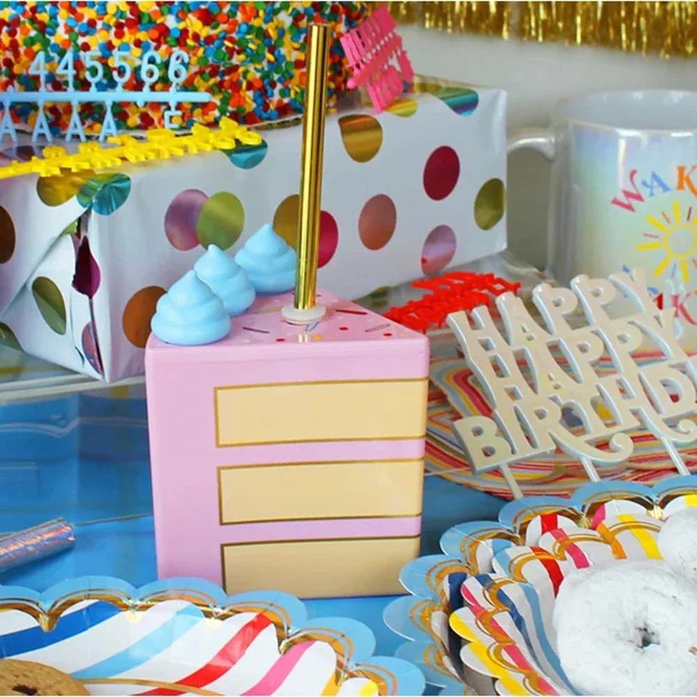 NEW (6) PIECE OF CAKE TUMBLERS Whole Birthday Cake Drinking Cups & Gold Straws